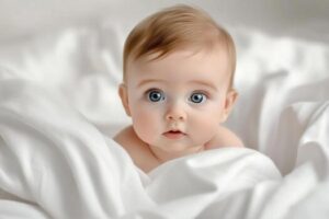 a-baby-with-blue-eyes-is-laying-on-a-white-blanket-photo